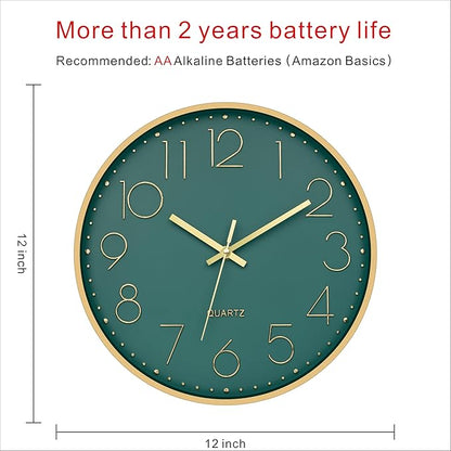 Foxtop Modern Wall Clock 12 Inch Silent Non Ticking Battery Operated Round Quartz Gold Wall Clock for Living Room Bedroom Kitchen Office Classroom Decor (Dark Green Dial)
