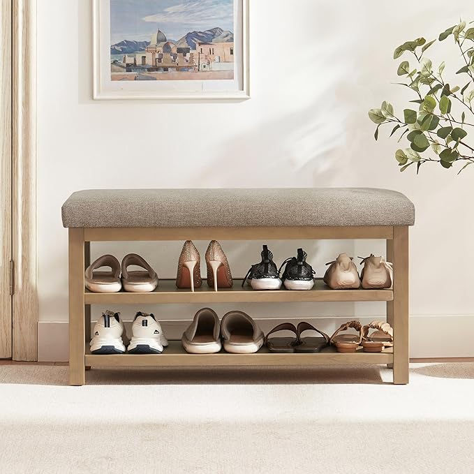 2 Tier Shoe Rack Bench with Cushion, Solid Wood Shoe Benches, Mid-Century Modern Shoe Storage Bench for Entryway, Hallway, Living Room, Closet, Front Door Entrance, (Brown, 39.4")