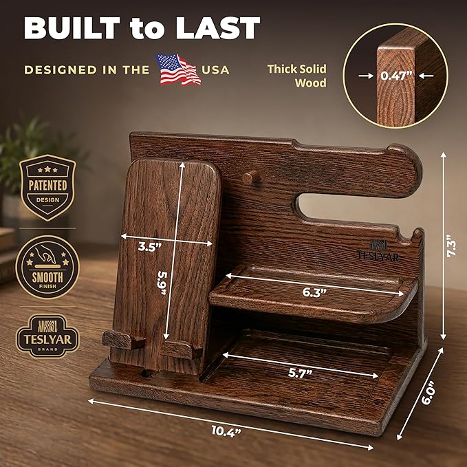 TESLYAR Wood Phone Docking Station for Men - Desk or Nightstand Organizer - Birthday Gifts for Husband, Dad - Anniversary Idea from Wife - Key Holder, Stand Wallet, Watch & Essentials (Bourbon Brown)