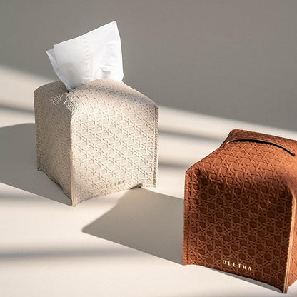 OLETHA Square Tissue Box Cover - Aesthetic Desk Decor for Room, Home & Office - Tissues Cube Boxes Holder - Lattice Patterns, Light Taupe