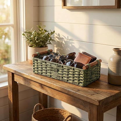 Toilet Paper Basket, Green Wicker Storage Basket with Wooden Handles, Handwoven Paper Rope Toilet Tank Top Organizer, Countertop Basket for Top of Toilet, Wicker Bathroom Baskets for Organizing