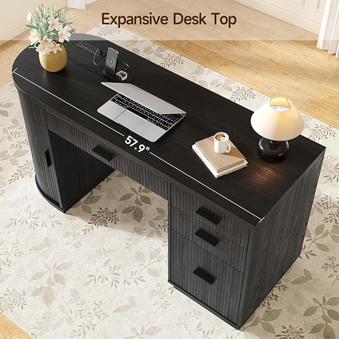 ONBRILL 58 Inch Fluted Executive Desk, Computer Desk with Storage Drawers & File Drawer, Modern Home Office Desk with Charging Station for Working, Studying, Writing, Black