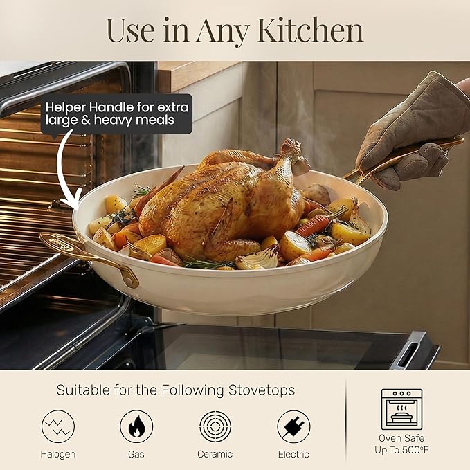 GOTHAM STEEL 14 Inch Frying Pan with Lid, Ceramic Nonstick Skillet, Non Toxic PFOA PFOS Free, Extra Large for Family, Dishwasher & Oven Safe 500°F, Cream