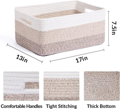 MiniArk Large Storage Baskets for Shelves, Closet Organizers Bins for Clothes Blanket Towels, Baby Nursery, Toy Baskets Box, Woven Rope Baskets, 17 x 13 x 7.5”, 2 Packs Gradient Brown