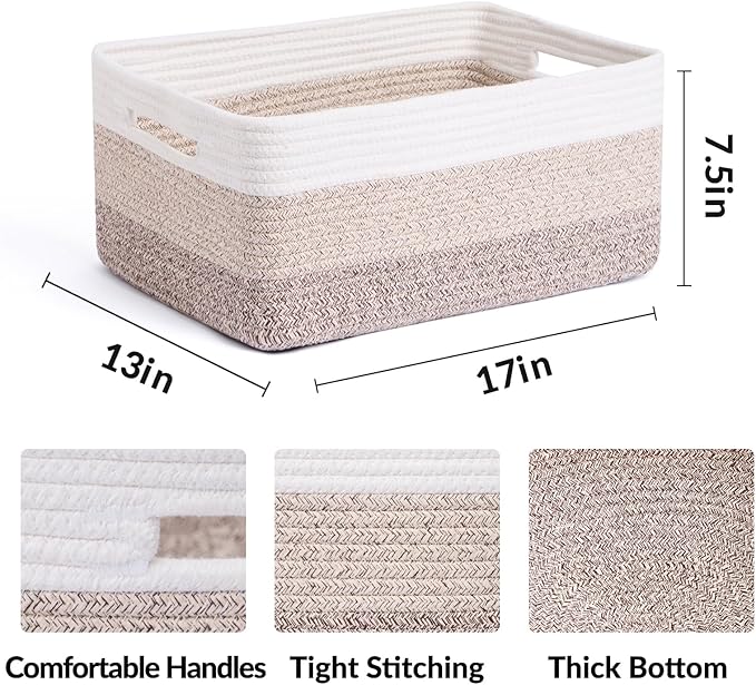 MiniArk Large Storage Baskets for Organizing, Closet Shelf Baskets for Clothes Blanket Towels, Baby Nursery, Toy Bins Box, Woven Rope Baskets, 17 x 13 x 7.5”, 4 Packs Gradient Brown