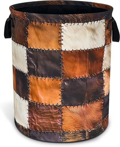 Cow Print Laundry Basket Funny Brown Cowhide Foldable Waterproof Oxford Cloth Tote Bag Laundry Hamper Round Large Clothes Storage Bucket Toy Organizer For Bathroom/Laundry Storage/Bedroom 18.9x16.5 In