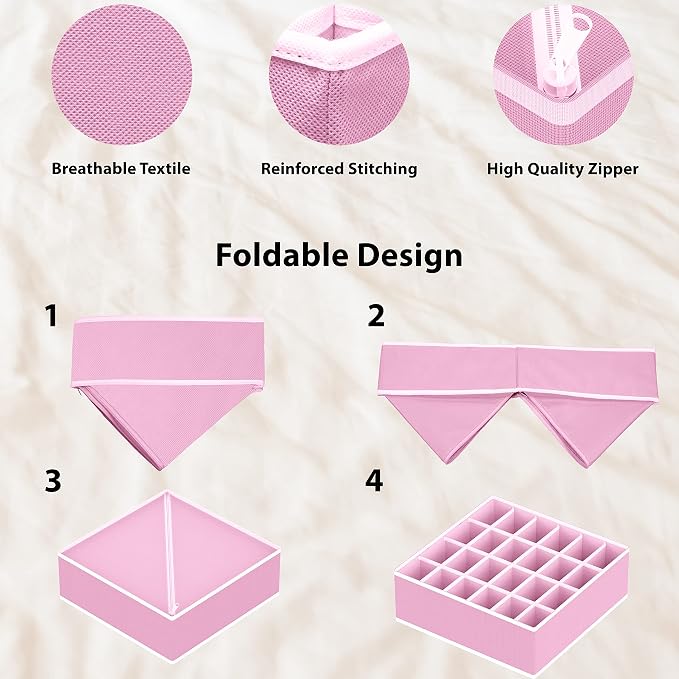 Simple Houseware 4-Pack Drawer Organizer Set - Closet Dividers for Underwear, Socks, Bras, Scarves, Ties - Foldable Non-Woven Storage Boxes, Pink