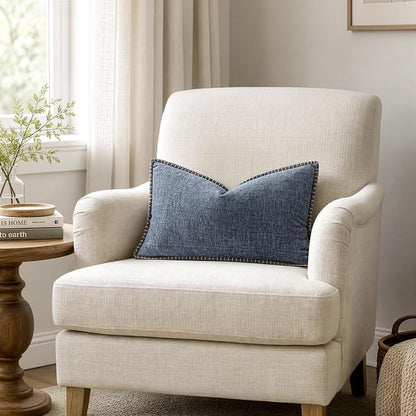 MIULEE Pack of 2 Lumbar Throw Pillow Covers 12x20 Inch Dark Grey Blue Farmhouse Decorative Pillow Covers with Stitched Edge Soft Chenille Solid Dyed Pillow Covers for Couch Sofa Bed Living Room