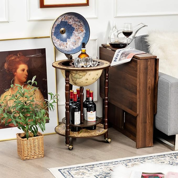 Goplus Globe Bar, 17.5” Globe Bar Liquor Cabinet with Wheels, Bottom Shelf, Old World Map, 16th Century Italian Replica Bar Globe, Retro Wine Stand, Globe Bar Cart for Dining Room Living Room Home