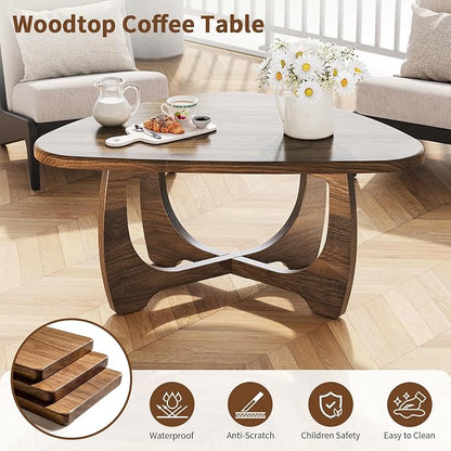 Coffee Table for Living Room - Mid Century Modern Coffee Tables with Triangle Top, Unique Small Round Coffee Table, Wood Oval Tea Table with Solid Legs for Bedroom, 35.8"x 22.5" x 16.2" Walnut