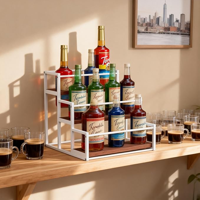 THYGIFTREE Coffee Syrup Rack Organizer 3-Tier 12 Syrup Bottles Holder Stand for Coffee Bar Station Storage Shelves for Syrup, Wine, Dressing for Kitchen Countertop, White