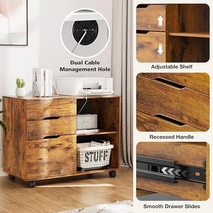 DUMOS Rolling File Cabinet with 3 Drawers, Wood Under Desk Printer Stand with Wheels and Adjustable Shelves, Lateral Filing Cabinet for Home Office, Small Space Storage Organizer, Brown