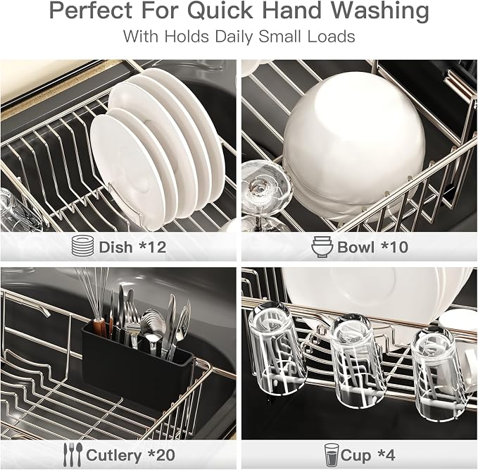 Over the Sink Expandable Dish Drainer Drying Rack In Stainless Steel for Small Kitchen, Counter Space Saving Modern Compact Metal Above Plate Dryer Strainer, Adjustable Hanging Inside Drain Holder | Expandable Stainless Steel Dish Drainer for Small Kit...