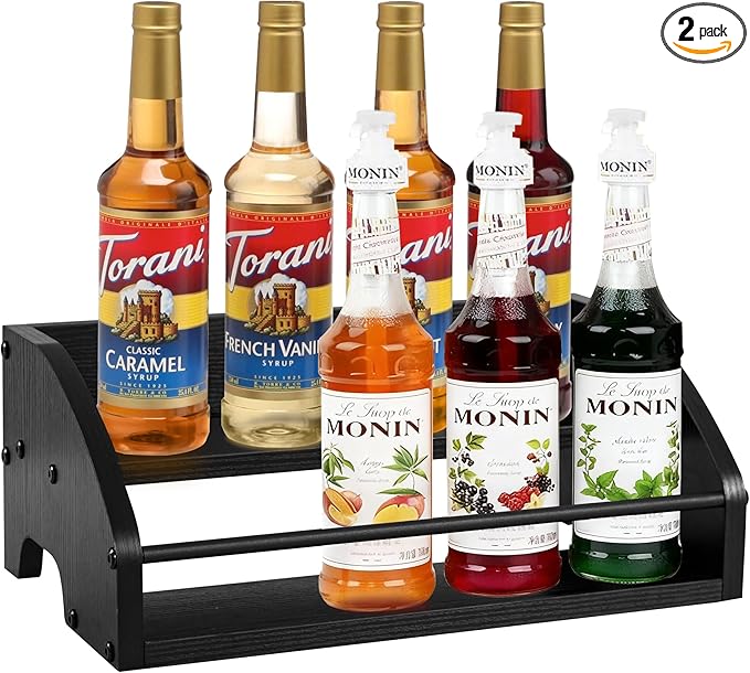 Mini Coffee Syrup Rack, 2-Tier | Syrup Bottles Holder, Liquor Bottle Display Shelf, Rustic Wooden Countertop Organizer, For Coffee Bar, Spirits, Tea