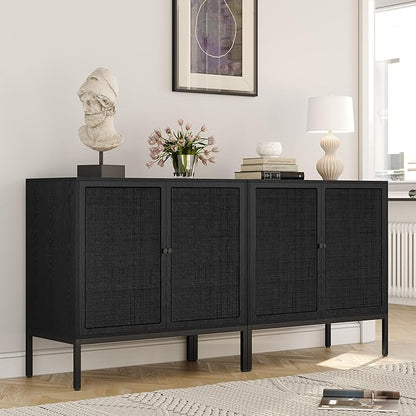 Yechen Full Black Rattan Cabinet, Farmhouse Sideboard Cabinet with Natural Rattan Decorated Doors, Accent Cane Credenza Buffet Console Storage, for Living Room Entryway Kitchen, Metal Legs