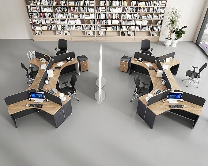 3 Person Office Cubicle Desk Workstation with Drawers & Built-in Power Outlets, Adjustable Wall Partitions, Layouts for Startups and Modern Workspaces,Black Fabric Panels