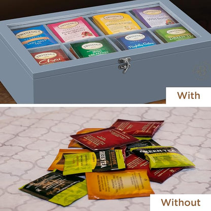 Tea Bag Organizer with Drawer - Gray Bamboo Tea Box Organizer, 8-Compartment Tea Storage Box with Acrylic Lid and Magnetic Closure, Tea Box for Kitchen Counter, Gifts for Mom, Wife, Tea Lovers (Grey)