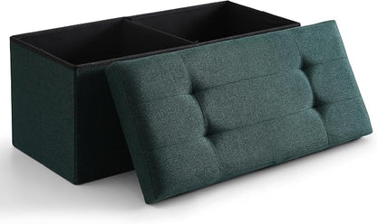 Storage Ottoman Bench Foldable Seat Footrest Shoe Bench End of Bed Storage with Flipping Lid, 75L Storage Space, 30 inches Linen Fabric Emerald, OT026DGN