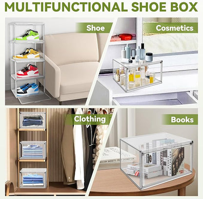 1 Pack Shoe Display Case Plastic Shoe Storage Box with Magnetic Acrylic Door Size 12.5, Transparent Sneaker Boxes Shoe Rack Substitute Closet Organizers Storage Bins, Easy Assembly