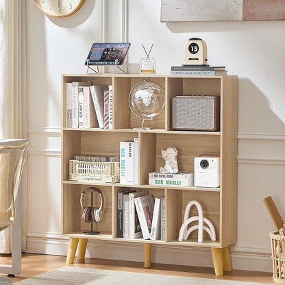 LEYAOYAO 8 Cube Bookshelf,3 Tier Bookcase with Legs,Light Wood Mid-Century Modern Bookshelves,Large Open Storage Organizer Shelf, Wooden Book Case