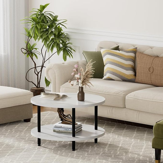 FAMIDGE Round Coffee Table, 23.6" Circle Coffee Table for Living Room, 2-Tier Wood Accent Center Table with Open Storage Industrial Design Home Furniture, White