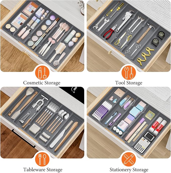 Silverware Organizer, Expandable Utensil Drawer Organizer for Kitchen Drawers, Kitchen Drawer Organizer for Spoons/Forks/Knives, Multipurpose & BPA Free Cutlery Tray, Grey, 2 Pack