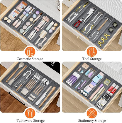 Silverware Organizer, Expandable Utensil Drawer Organizer for Kitchen Drawers, Kitchen Drawer Organizer for Spoons/Forks/Knives, Multipurpose & BPA Free Cutlery Tray, Grey, 2 Pack