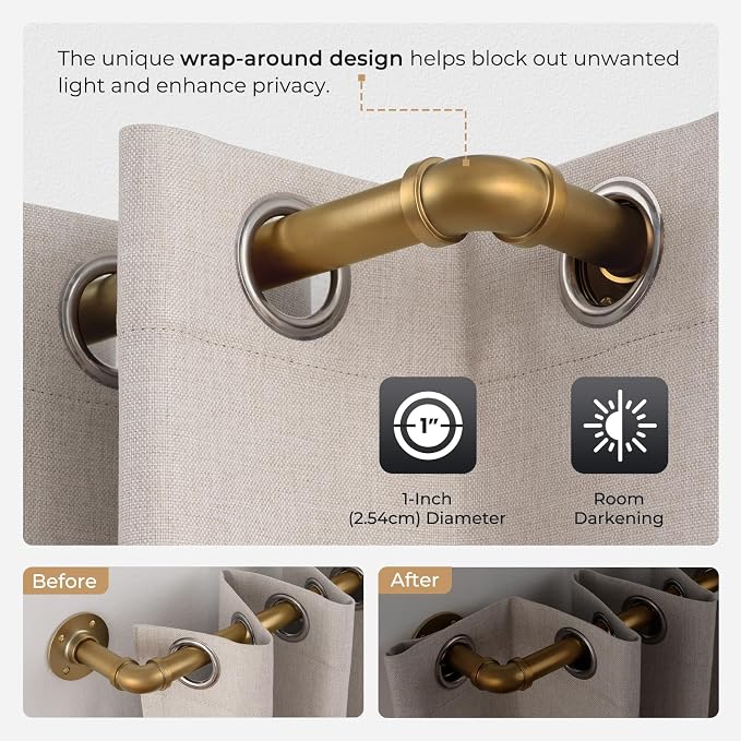 Zeerobee Curtain Rods for Windows 32 to 48, 1 Inch Industrial Wrap Around Warm Gold Curtain Rod, Indoor/Outdoor Room Divider Adjustable Drapery Pole, 32"-48"