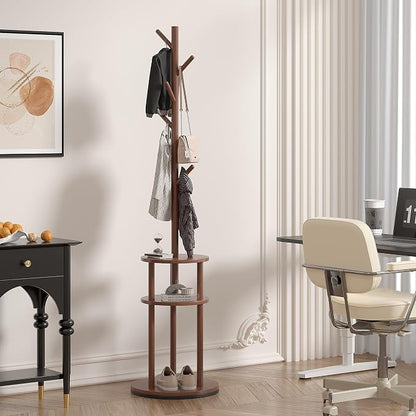 VECELO Coat Rack Freestanding, Entryway Hanger Stand, Umbrella Holder, Hall Tree With Hooks, Floor Standing Tree Stand,Walnut