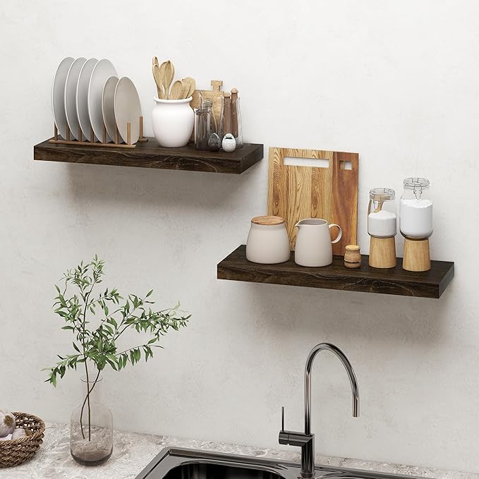 Dreamland 24 Inch Floating Shelves, Rustic Elm Wood Wall Shelf for Home Decor, 8 Inch Deep Floating Shelf for Wall, 24 x 8 Bathroom Shelves Set of 2, Walnut Color