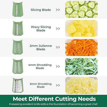 SUSTEAS Rotary Cheese Grater with Handle - Vegetable Shredder with 5 Well-designed Blades & Strong Suction Base,Round Mandoline Slicer & Food Chopper for Kitchen,with Blade Storage Box(Retro Green)