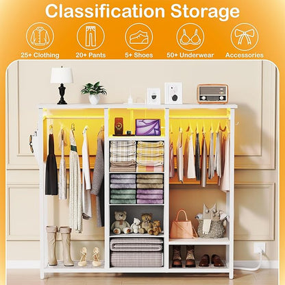 Dresser with Hanging Clothes Rack, 4 Drawers Dresser for Bedroom with LED Lights and Charging Station, Fabric Storage Chest of Drawers for Closet with Clothes Rack Bedroom Kid’s Room, Metal, White