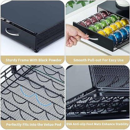 FlagShip Vertuo Pod Holder Drawer with Black Metal,Compatible for Nespresso VertuoLine Pods,Holds up to 40 Big Vertuo Pods,Smooth Pull-Out Design,Fits Under Coffee Makers (10.4''W x 15.2''D x 3.6''H)