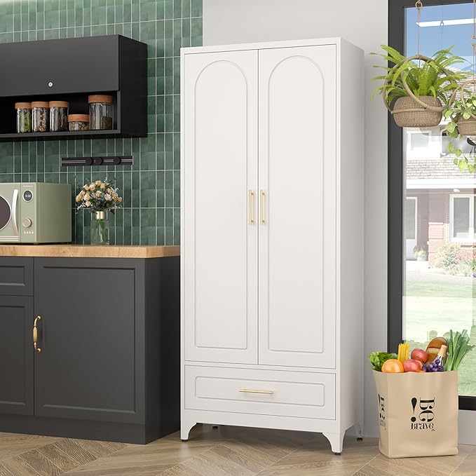 Metal Storage Cabinet with Drawers,75Inch White Pantry Cabinets for Kitchen Storage with 3 Adjustable Shelves,Tall Kitchen Pantry Cabinet for Living Room, Dining Room Office