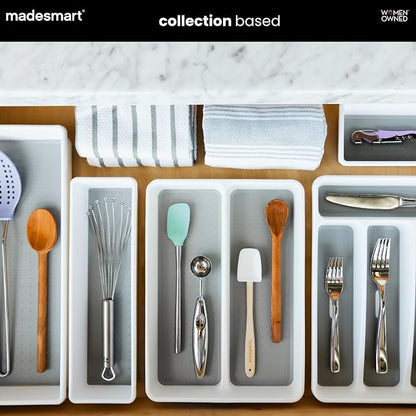 madesmart Small Utensil Tray, Multi Purpose Storage Organizer, Deep Storage for Ladles, Whisks & Serving Tools, Non Slip Lining, for Drawers & Home Organization, White