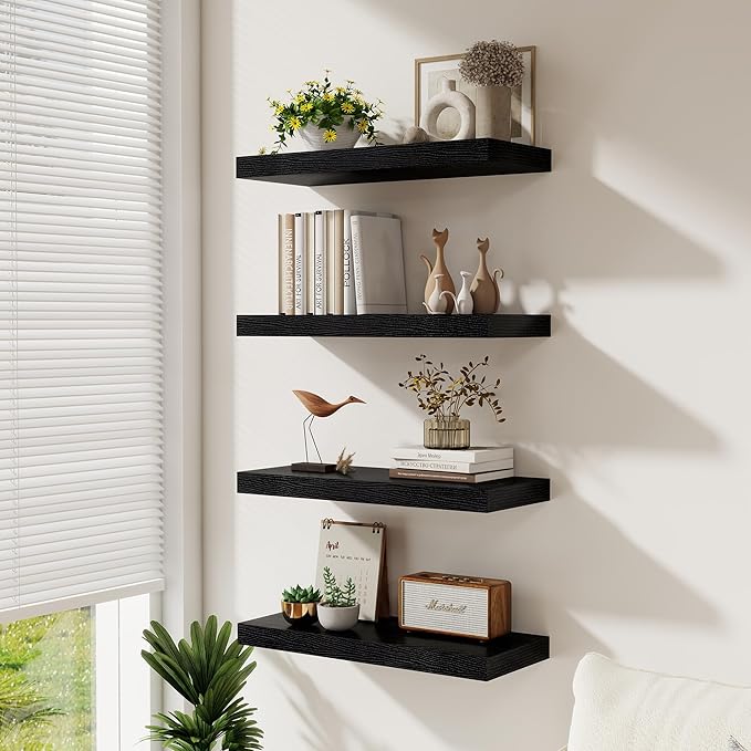 Fun Memories 72 Inch Floating Shelves for Wall 8 Inch Deep Black Shelves Set of 2, Wall Mounted Rustic Wood Long Floating Shelf, Large Display & Storage Shelf with Invisible Brackets