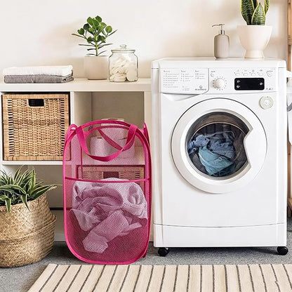 Larpur Popup Laundry Basket, Collapsible Portable Mesh Clothes Washing Laundry Hamper with Reinforced Carry Handles (Pink)