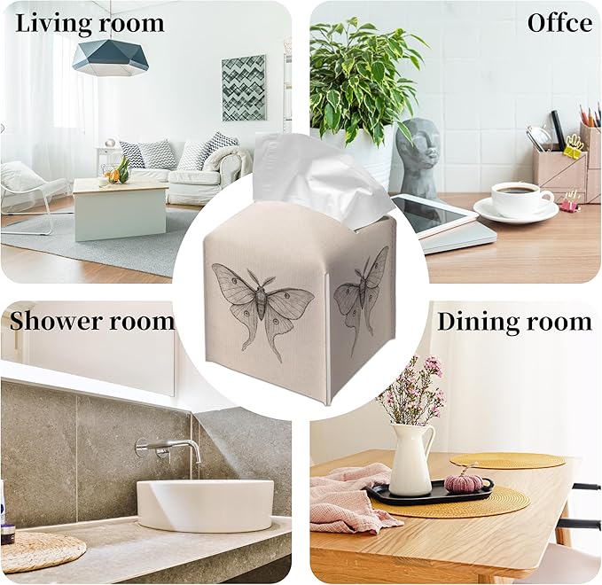 Grace Yonks Minimal Tissue Box Cover Square - Vintage Moth Study Design 5.2" PU Leather Holder for Vanity, Desk, or Bathroom Counter - Cube Case for Facial Tissues. (118)