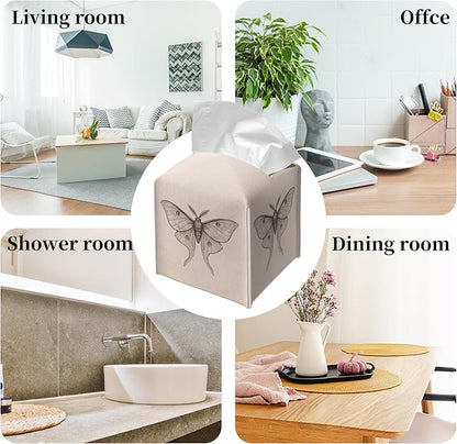 Grace Yonks Minimal Tissue Box Cover Square - Vintage Moth Study Design 5.2" PU Leather Holder for Vanity, Desk, or Bathroom Counter - Cube Case for Facial Tissues. (118)