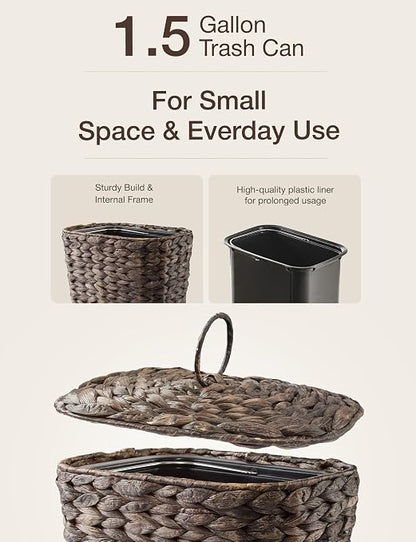 Tidita 1.5 Gallon Wicker Waste Basket with Lid, Removable Liner, Iron Frame | Water Hyacinth Construction, Hand-Woven, Removable Lid, Isolates Odors, Plastic Removable Liner, Iron Frame, Black Color