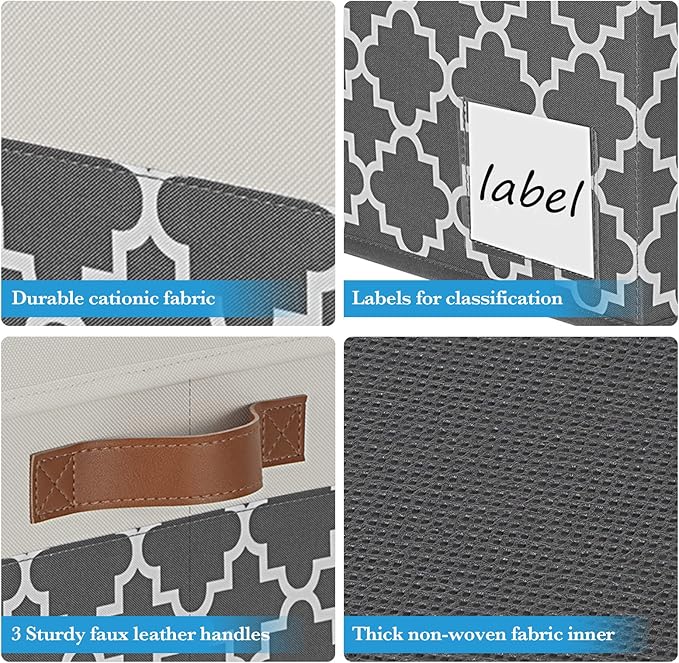 PFFVRP Large Storage Bins with Lids, Foldable Fabric Storage Baskets with Lids, Sturdy Storage Boxes with Labels and 3 PU Handles for Closet Home Bedroom Office (26L, 3 Packs, Grey Plaid&White)