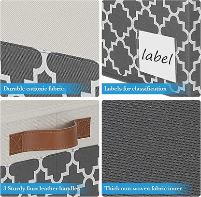 PFFVRP Large Storage Bins with Lids, Foldable Fabric Storage Baskets with Lids, Sturdy Storage Boxes with Labels and 3 PU Handles for Closet Home Bedroom Office (26L, 3 Packs, Grey Plaid&White)