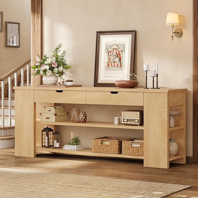 71.8" Extra Long Console Table, Farmhouse Sofa Table with Generous Storage and Built-in Outlet, Sturdy Entryway Table for Living Room, Entrance, Hallway, Foyer, Natural Wood