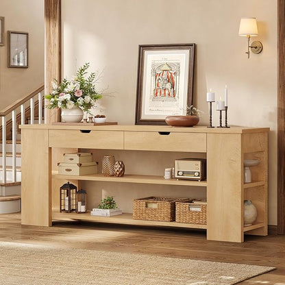 71.8" Extra Long Console Table, Farmhouse Sofa Table with Generous Storage and Built-in Outlet, Sturdy Entryway Table for Living Room, Entrance, Hallway, Foyer, Natural Wood