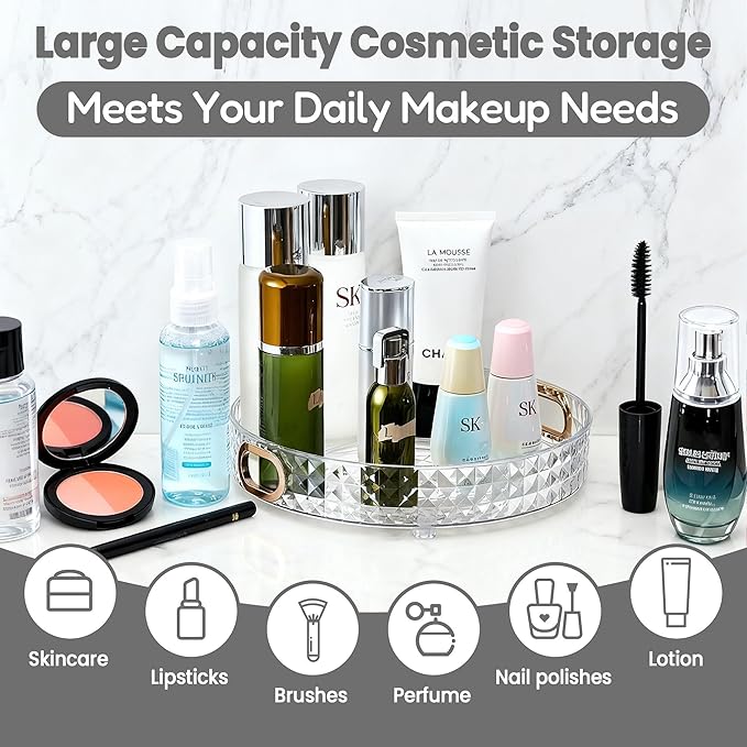360 Rotating Makeup Organizer for Vanity, 1 Tier Diamond Pattern Perfume Stand, Large Capacity Skin Care Lotion Cosmetic Organizer, Bathroom Countertop Organizer, Makeup Holder, Clear