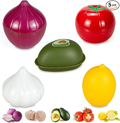 Vegetable and Fruit Storage Containers for Refrigerator, Lemon Tomato Garlic Avocado and Onion Storage, Food Storage Containers with Lids, Pack of 5