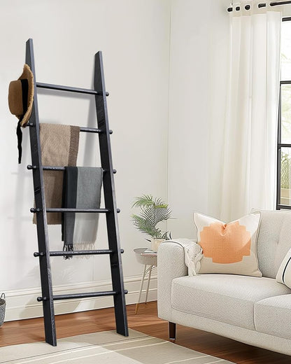 TEAKMAMA 6-Tier Blanket Ladder with Hanging Knobs, 5.5 Ft Wall Leaning Blanket Ladders for Living Room Bedroom,Rustic Decorative Storage for Quilts,Throws,Easy to Assemble,Black