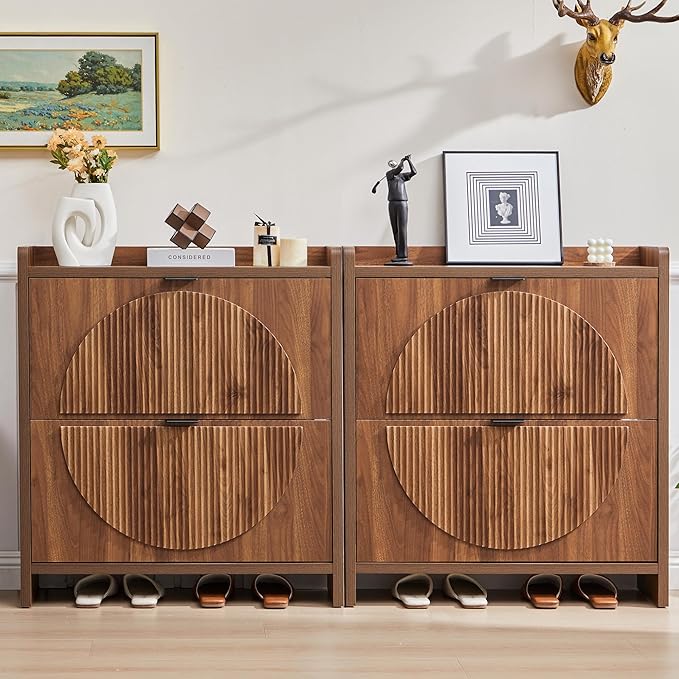Shoe Cabinet Storage for Entryway with 2 Flip Drawers, Narrow Shoe Organizer Cabinet with Round Fluted Panel, Small Freestanding Hidden Wood Slim Shoe Rack for Foyer, Hallway, Walnut