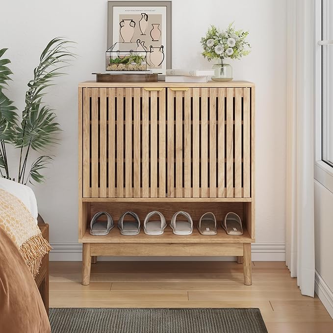 Shoe Cabinet with Slatted Doors, Freestanding Shoe Cabinet Storage for Entryway, 4-Tier Entryway Shoe Organizer Cabinets with Shelves (Oak, 27.6" Wide)