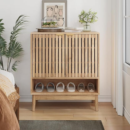 Shoe Cabinet with Slatted Doors, Freestanding Shoe Cabinet Storage for Entryway, 4-Tier Entryway Shoe Organizer Cabinets with Shelves (Oak, 27.6" Wide)